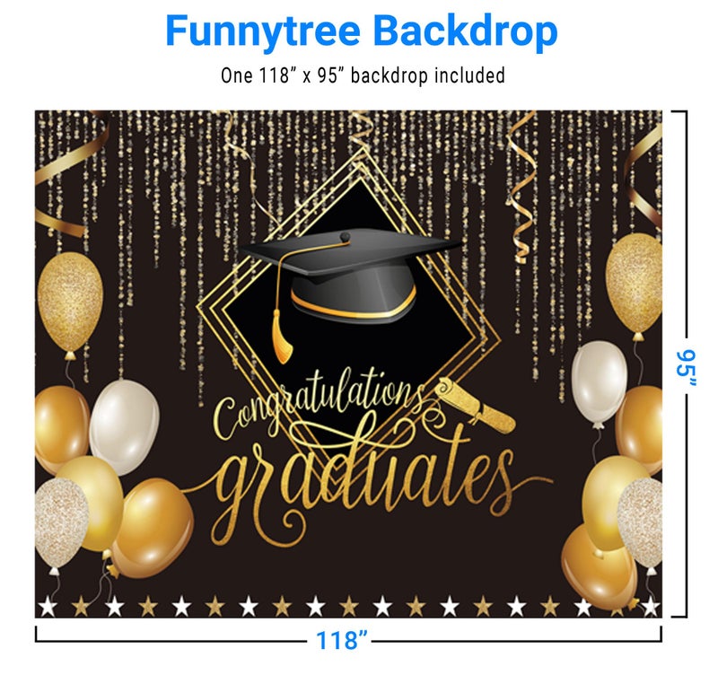 Funnytree 118" x 95" 2024 Class Graduation Photography Backdrop Black and Gold Bachelor Cap Balloon Grad Congrats Party Banner Background for Picture Photo Photobooth Decoration - Image 3